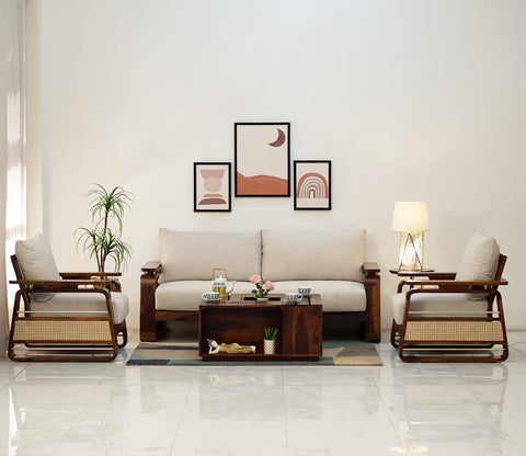 Vedic 3+1+1 Sheesham Wood Sofa Set With Cane and Brass Detailing (Honey Finish, Jade Ivory)