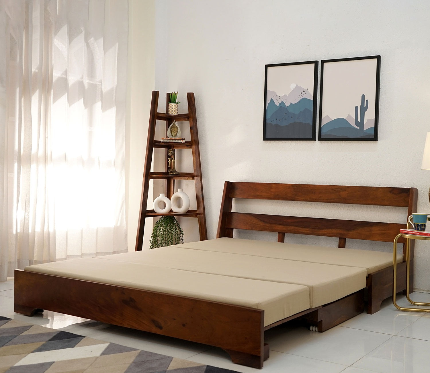 Della 3 Seater Sheesham Wood Sofa Cum Bed Without Armrests (Honey Irish Cream)
