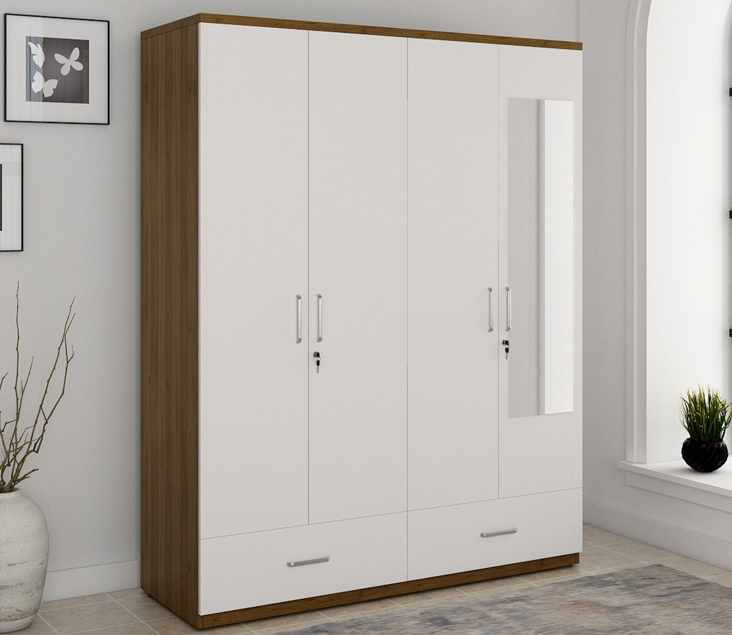 Kosmo Apex 4 Door Wardrobe With Mirror (Exotic Teak Frosty White Finish)