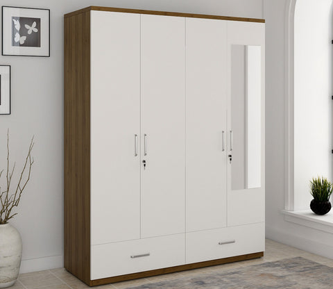 Kosmo Apex 4 Door Wardrobe With Mirror (Exotic Teak Frosty White Finish)