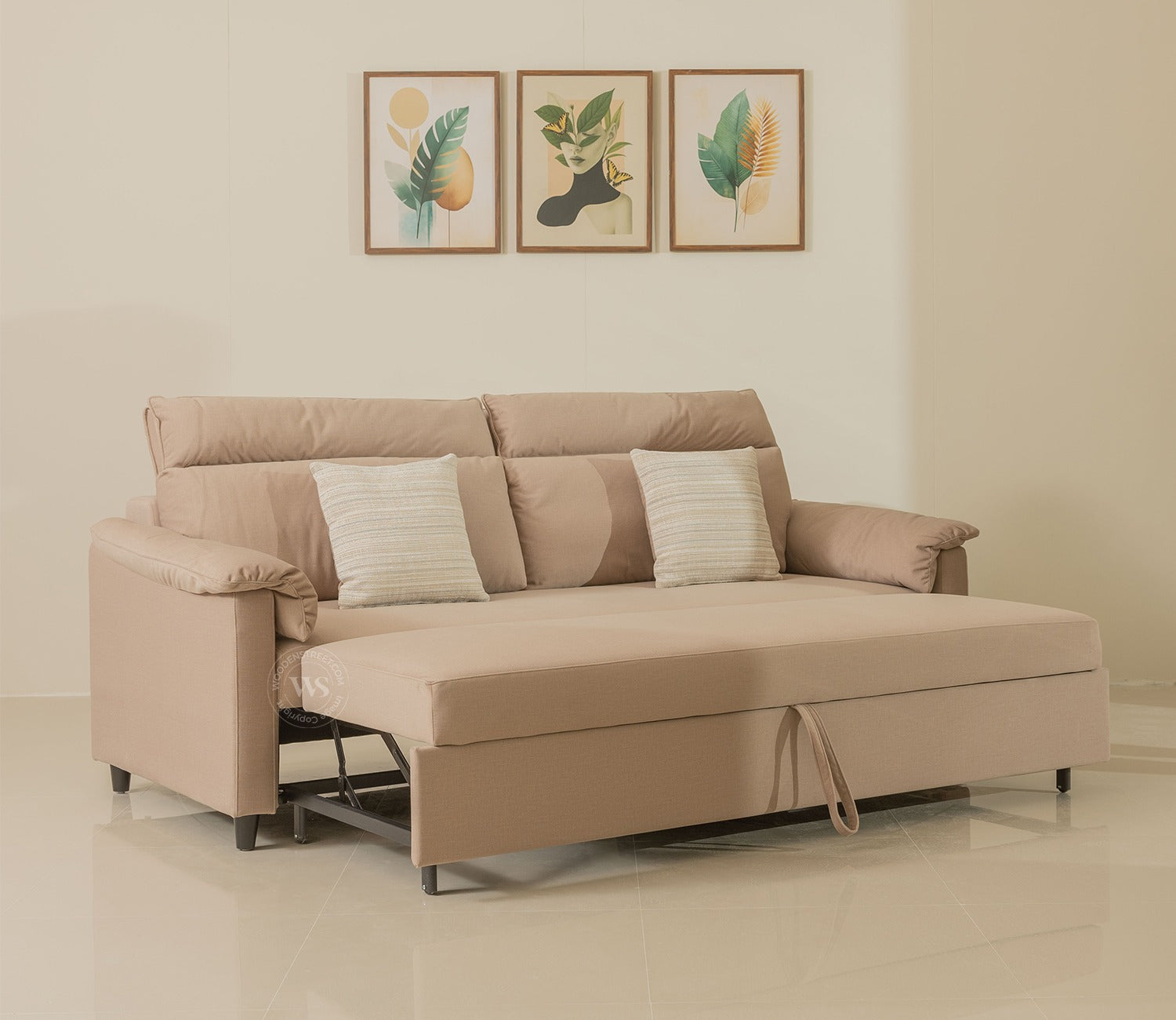 Bruna 3-Seater Convertible Sofa Cum Bed | Pull-Out Mechanism | Adjustable Backrest | Premium Fabric Upholstery | Space-Saving Design (Beige)