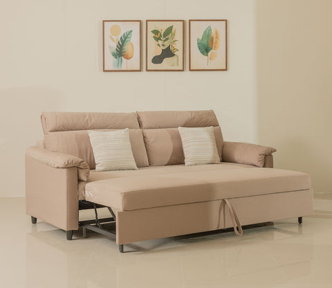 Bruna 3-Seater Convertible Sofa Cum Bed | Pull-Out Mechanism | Adjustable Backrest | Premium Fabric Upholstery | Space-Saving Design (Beige)
