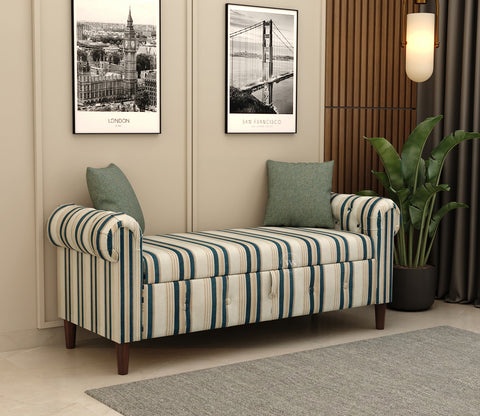 Velo Cushioned Hand Carved Sofa Bench With Hidden Storage (Blue Strip)
