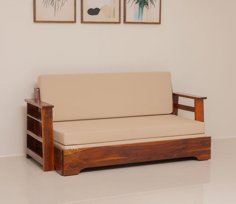 Della Sheesham Wood Sofa Cum Bed With Armrests (Honey Irish Cream)
