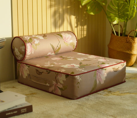 Elara Floor Cushion With Bolster - 24 X 24 Inch (Cotton, Magnolia Beige)