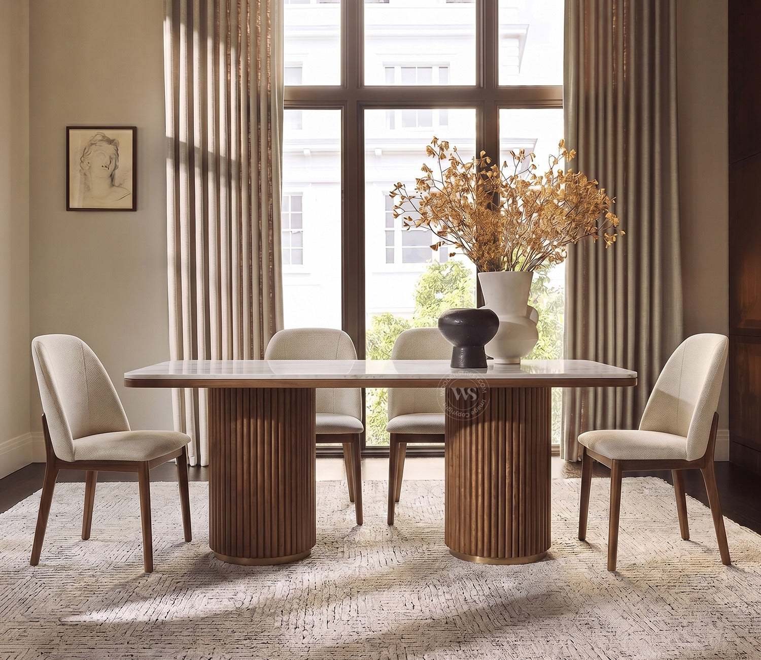 Pravaah 6 Seater Dining Set with Saumik Marble-Top Table and Fressia Upholstered Chair (Teak Finish, Cottage Ivory)