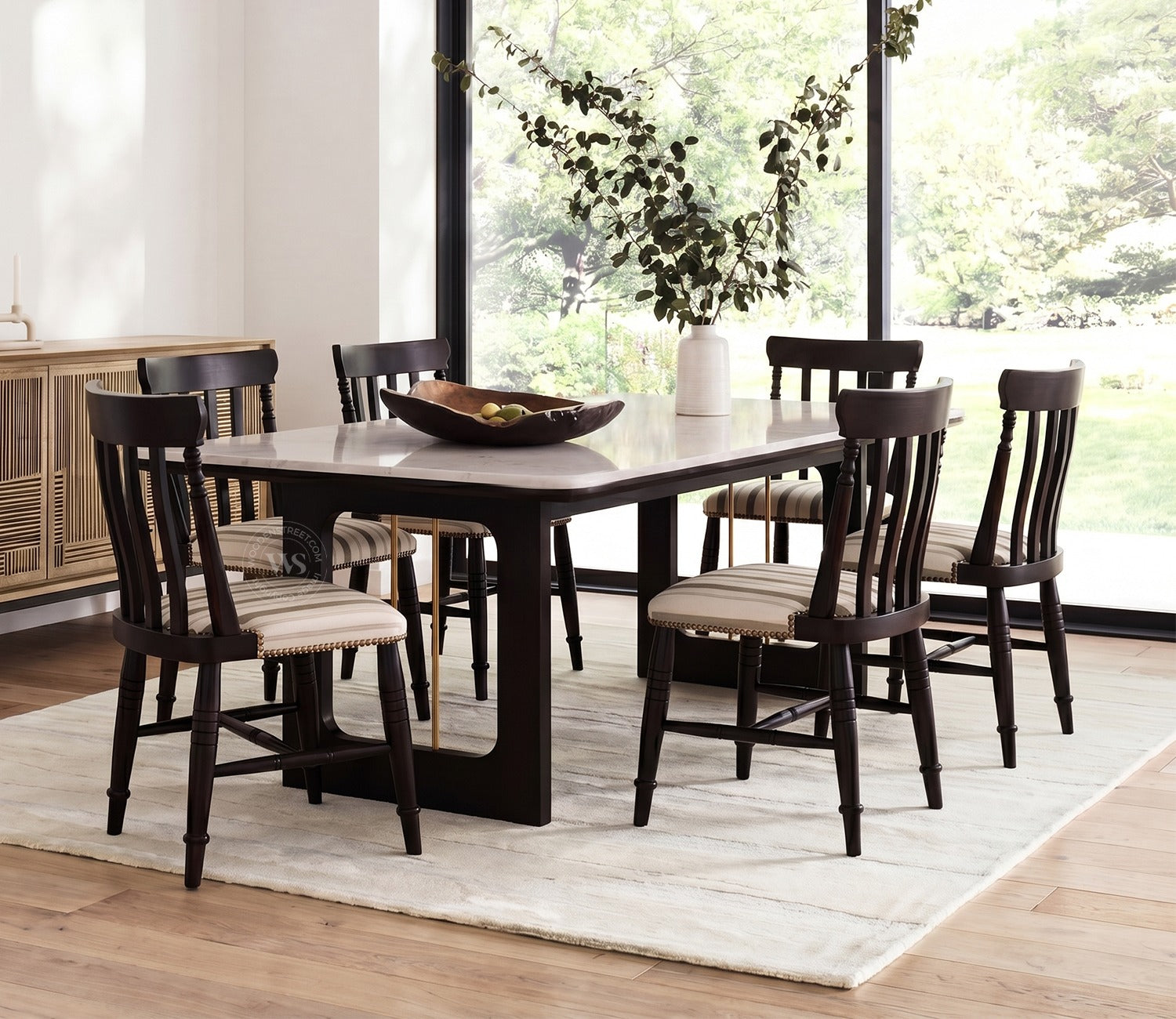 Kanak Designer 6 Seater Sheesham Wood Dining Table Set with Mishaan Quartz Top Table and Misha Chair (Black Finish)