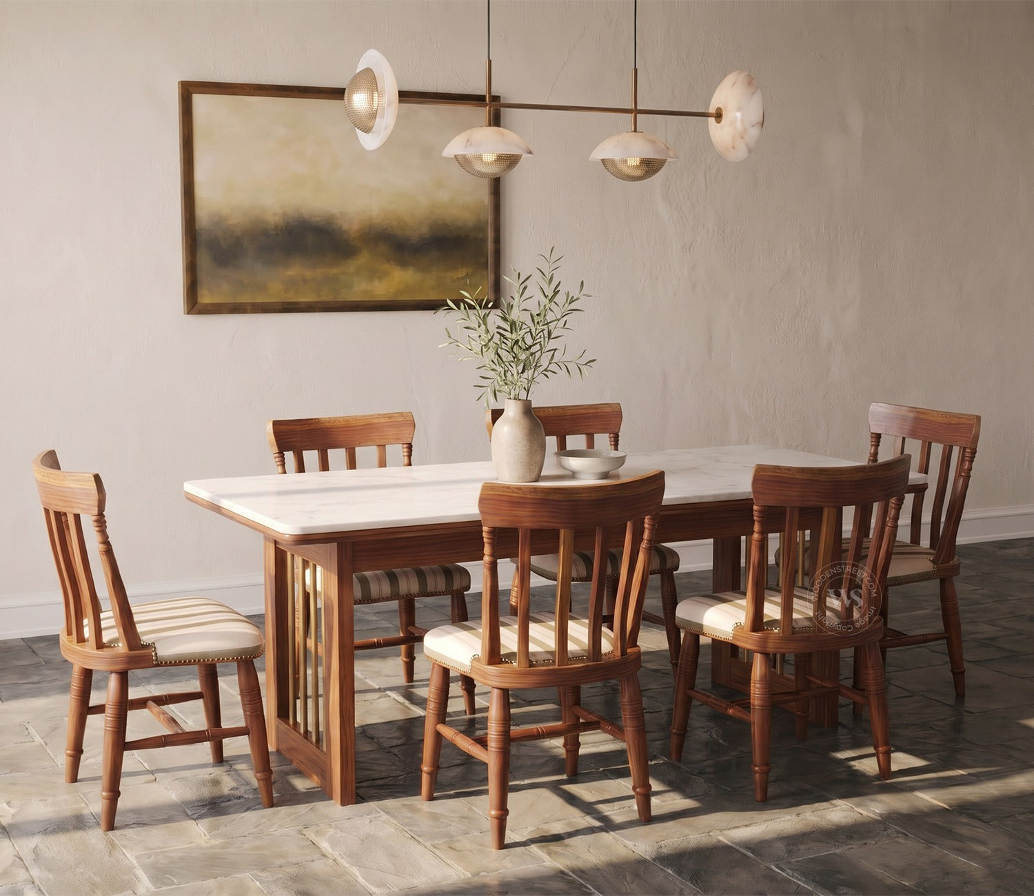 Kanak Designer 6 Seater Sheesham Wood Dining Table Set with Mishaan Quartz Top Table and Misha Chair (Teak Finish)