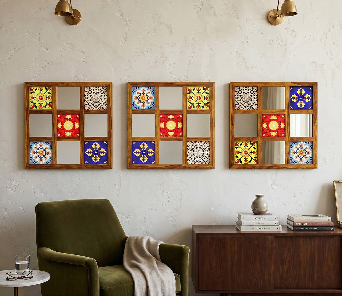Bohemian Set of 3 Mirror with Frame (Honey Finish)