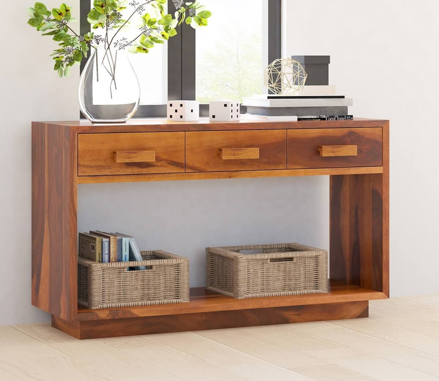 3 Drawer Wooden Partition Leave Design Console Table