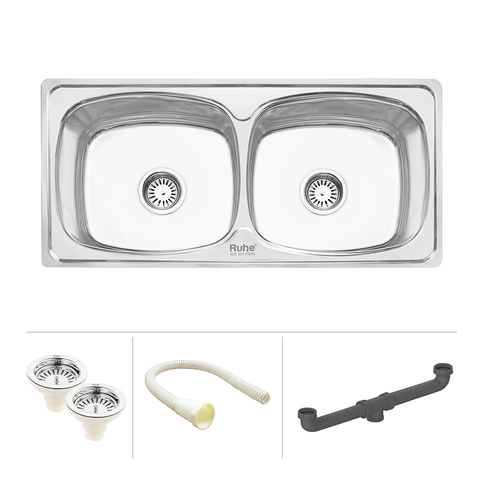 Trueliving Modern Silver_Square Double Bowl (45 x 20 x 9 Inches) 304-Grade Kitchen Sink