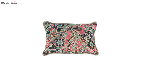 Multicolor Embroidered Cotton Cushion Cover - Set of 1 (20 x 12 inch, Blue)