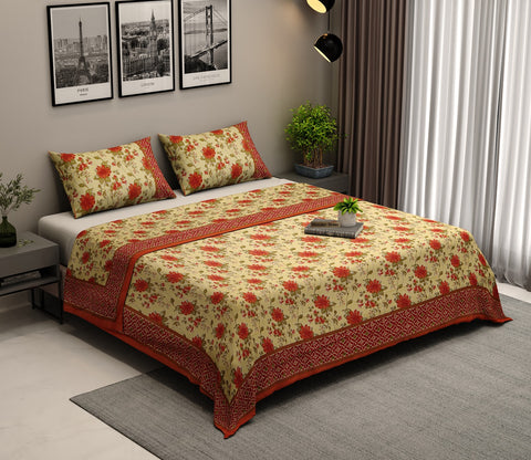 120 TC Floral Jaipuri Printed Cotton Double Bedsheet With 2 Pillow Cover