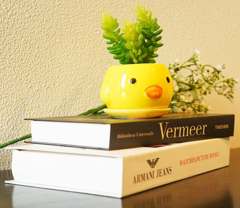 Whimsy Ceramic Enamel Pot With Artificial Flowers (Yellow)