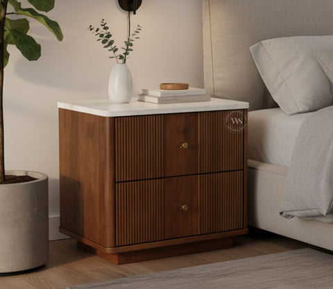 Kesarth Mango Wood Bedside Table with Marble Top & Storage (Teak Finish)