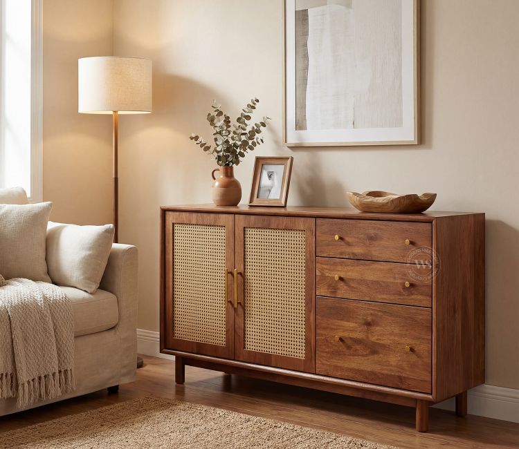 Tanay Mango Wood Sideboard with Cane Accents (Teak Finish)