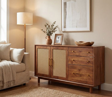 Tanay Mango Wood Sideboard with Cane Accents (Teak Finish)