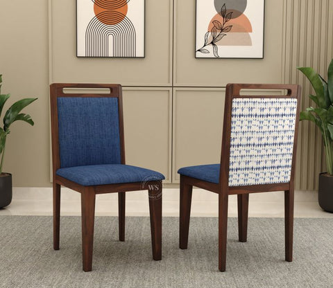 Hazel Sheesham Wood Reverse Upholstery Dining Chair - Set of 1 (Cotton, Walnut Iris Blue)