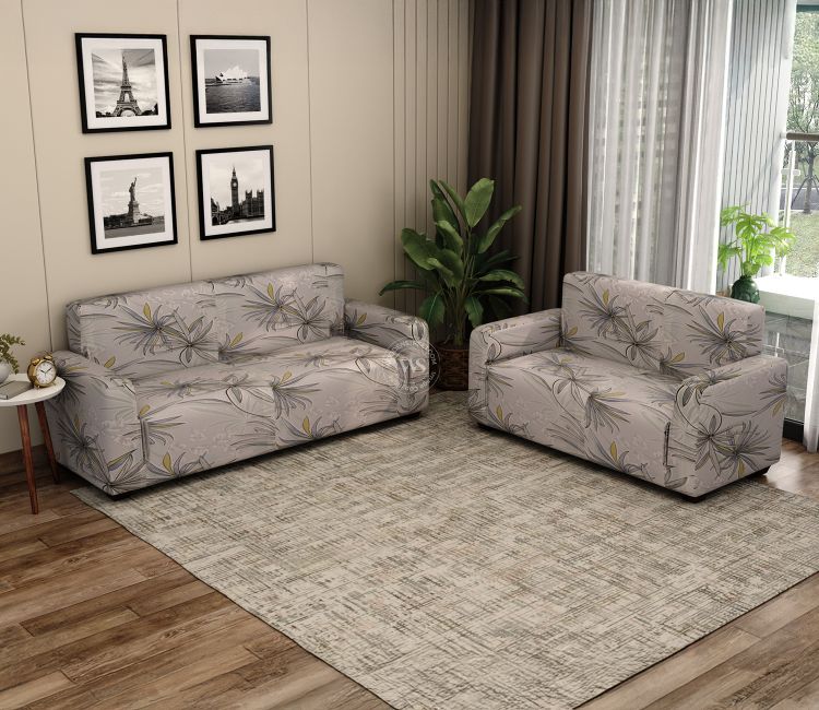 Cassia Floral Printed Polyester Spandex 3+2 Sofa Cover Set (Grey)