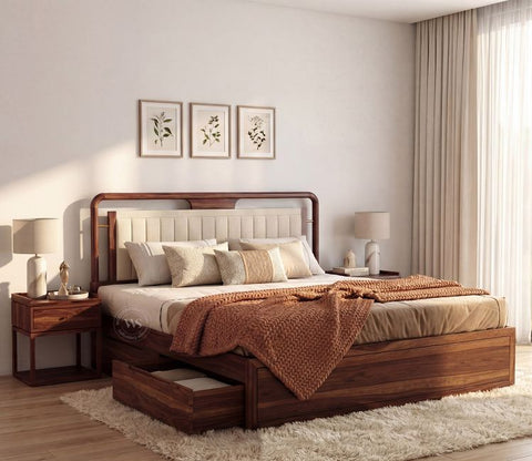 Anvay Sheesham Wood Bed with Upholstered Headboard & Drawer Storage (King Size, Jade Ivory, Teak Finish)
