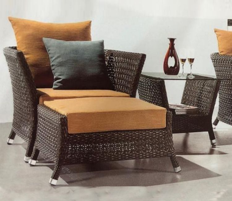 Dark Brown Rattan And Wicker 2 Seater Patio Set With Table And Middle Yellow Cushions