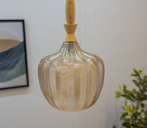 Ellyse Textured Glass Pendant Light with Wooden Top Accent (Bronze)