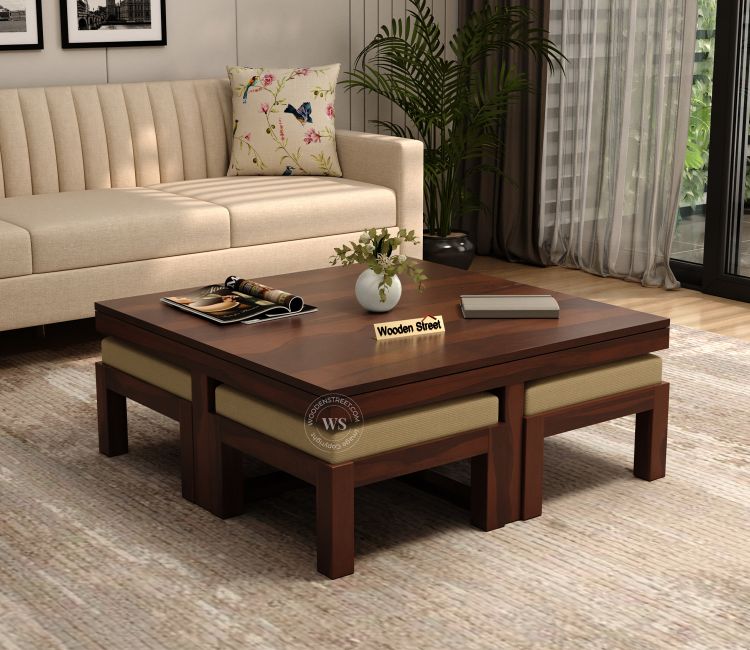 Reid Sheesham Wood Coffee Table with Four Cushioned Stools (Walnut Finish)