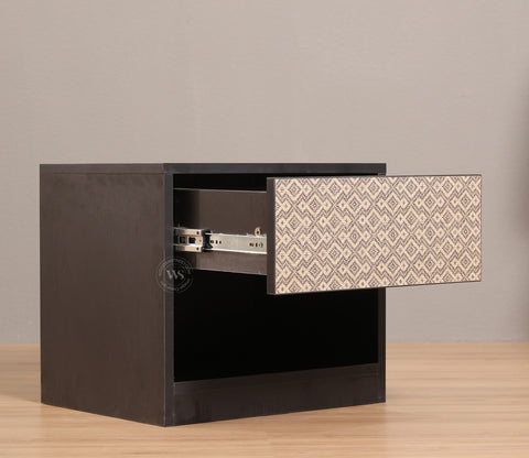 Orren Engineered Wood Bedside Table with Laminated Textured Drawer Front & Open Storage (Trellis Pattern)
