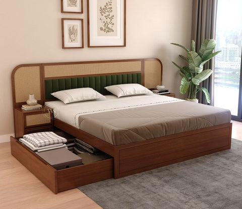 Serah Premium Ash Wood Bed with Cane & Velvet Headboard, Drawer Storage & 2 Modular Bedside Tables (King Size, Teak Finish)
