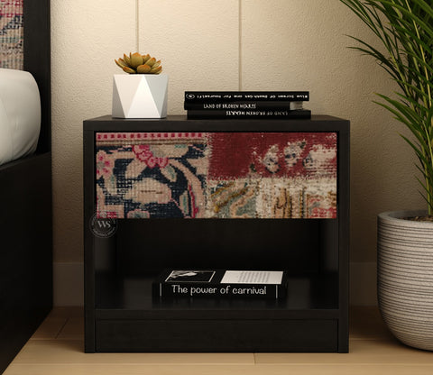 Orren Engineered Wood Bedside Table with Laminated Textured Drawer Front & Open Storage (Patchwork Multi)