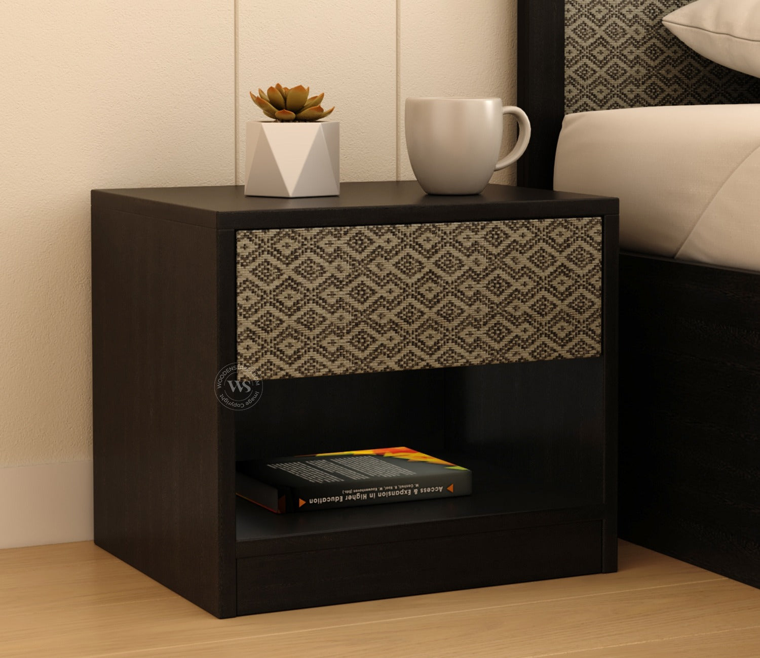 Orren Engineered Wood Bedside Table with Laminated Textured Drawer Front & Open Storage (Trellis Pattern)