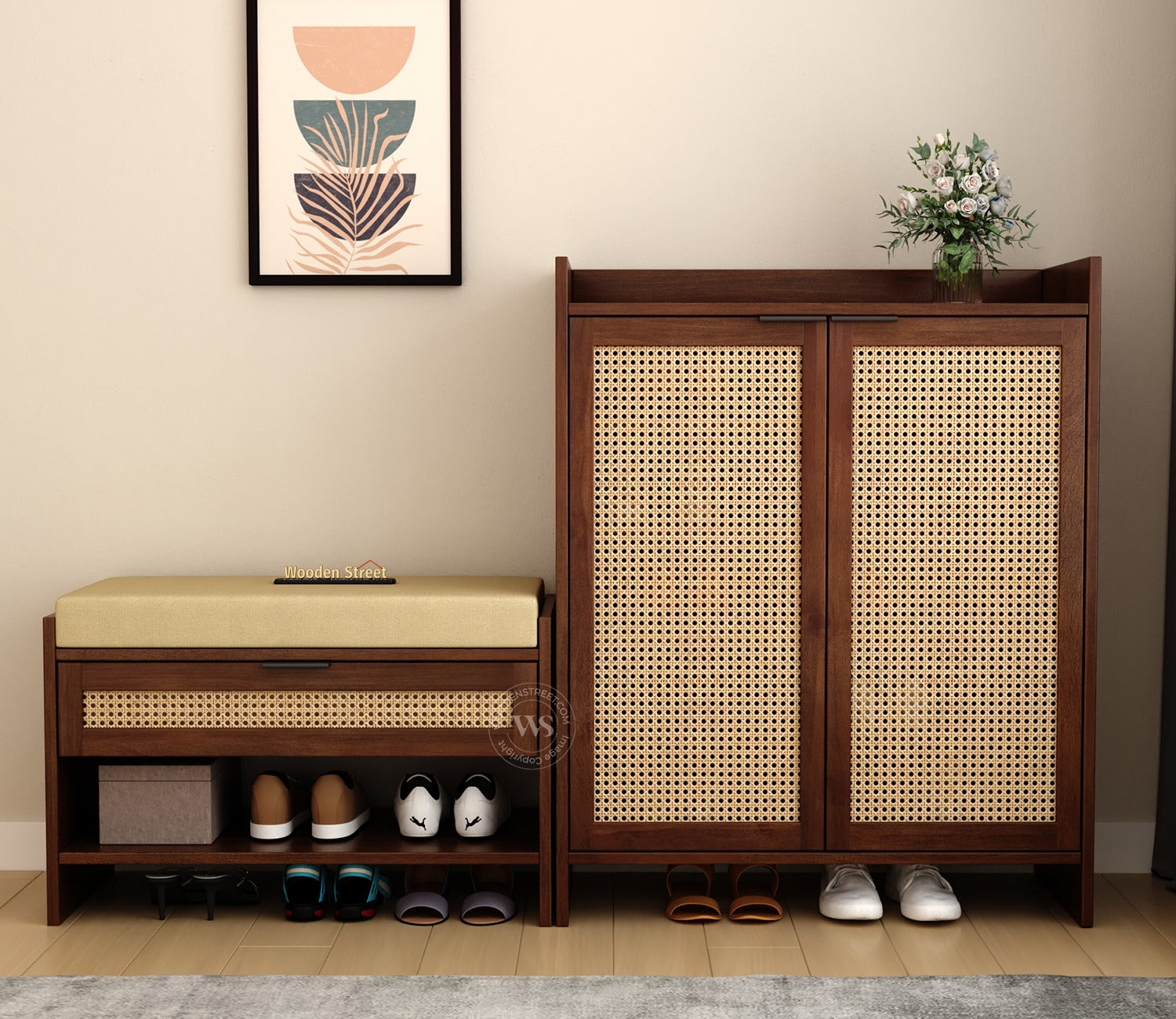 Stridon Solid Wood Shoe Rack & Bench Set with Cane Detailing (Mango Wood, Teak Finish)