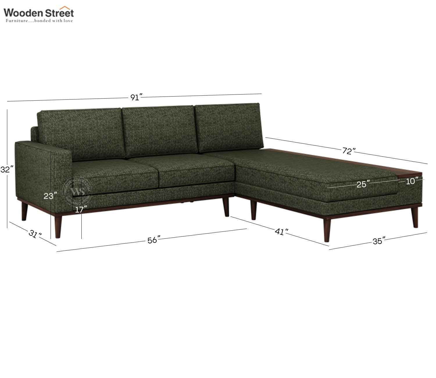 Ashion Premium Right Aligned L Shape Sofa with Built-in Side Wooden Deck (Sage Green)