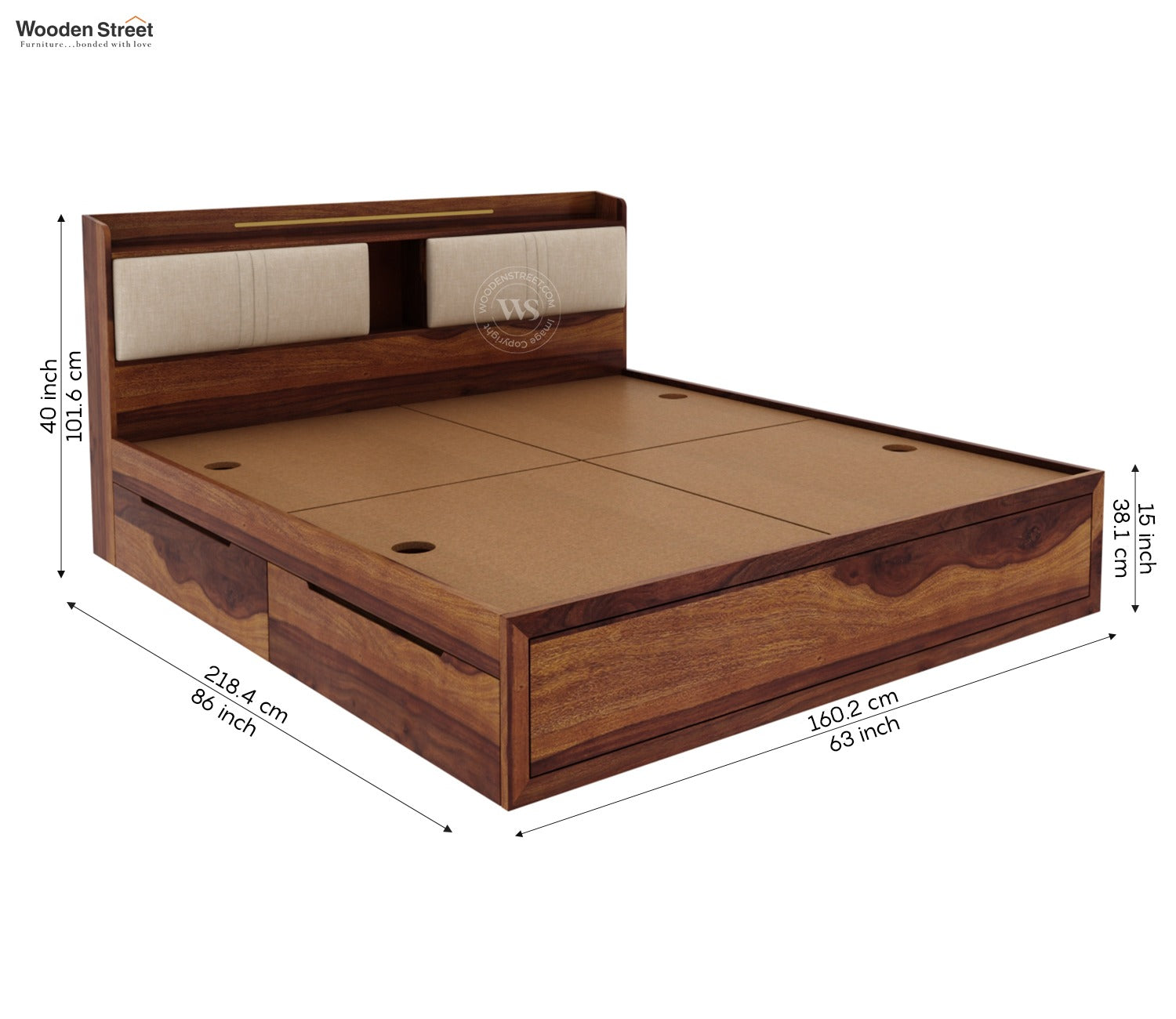 Wildon Premium Sheesham Wood Bed with Cushioned Headboard and Drawer Storage (Queen Size, Teak Finish)