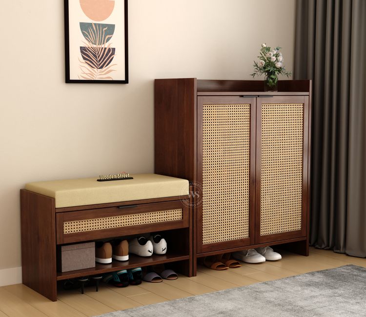 Stridon Solid Wood Shoe Rack & Bench Set with Cane Detailing (Mango Wood, Teak Finish)