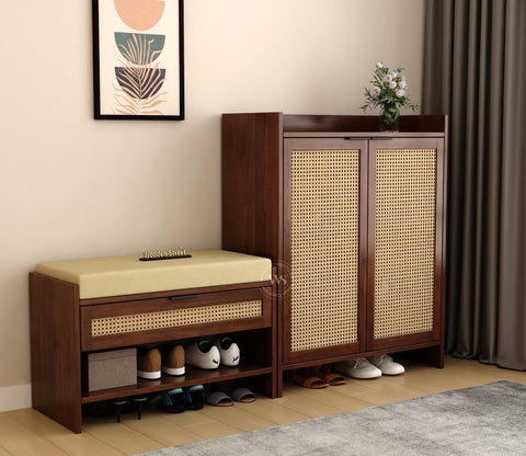 Stridon Solid Wood Shoe Rack & Bench Set with Cane Detailing (Mango Wood, Teak Finish)