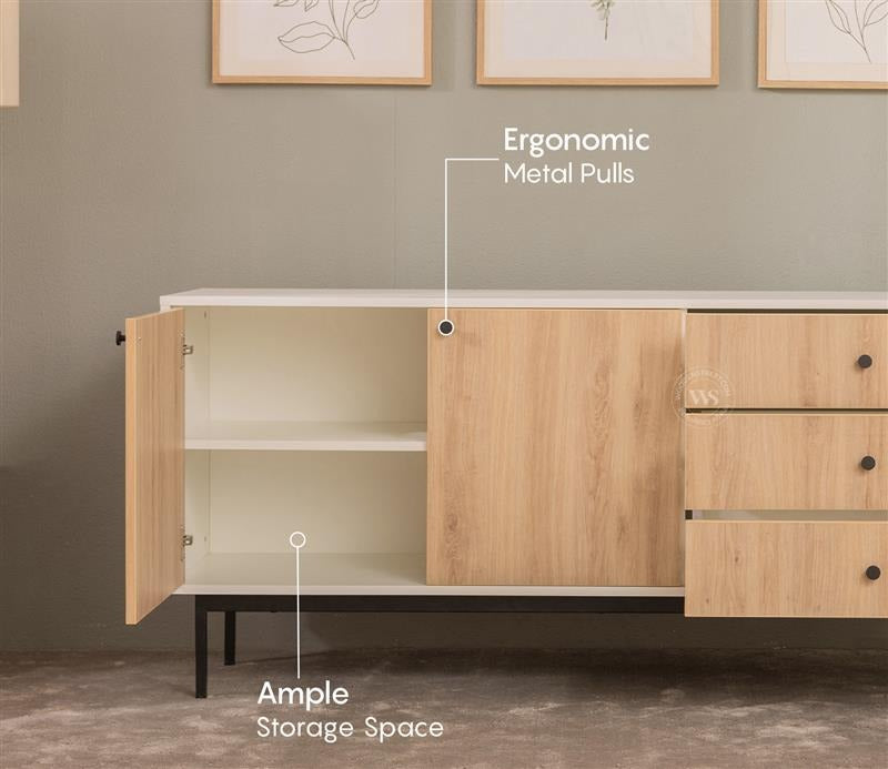 Marbay Modern White Sideboard & Cabinet with Textured Front & Metal Base (Engineered Wood, Santana Pattern)