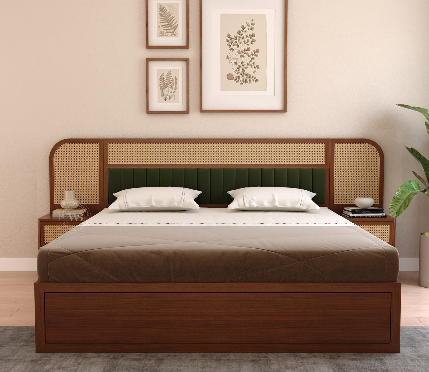 Serah Premium Ash Wood Bed with Cane & Velvet Headboard, Drawer Storage & 2 Modular Bedside Tables (King Size, Teak Finish)