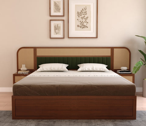Serah Premium Ash Wood Bed with Cane & Velvet Headboard, Drawer Storage & 2 Modular Bedside Tables (King Size, Teak Finish)
