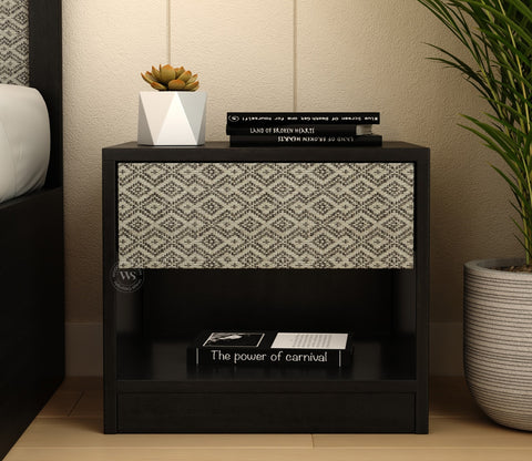 Orren Engineered Wood Bedside Table with Laminated Textured Drawer Front & Open Storage (Trellis Pattern)