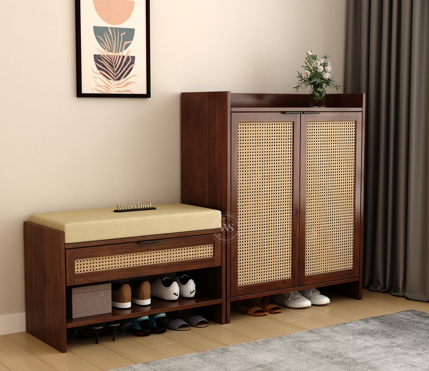 Stridon Solid Wood Shoe Rack & Bench Set with Cane Detailing (Mango Wood, Teak Finish)