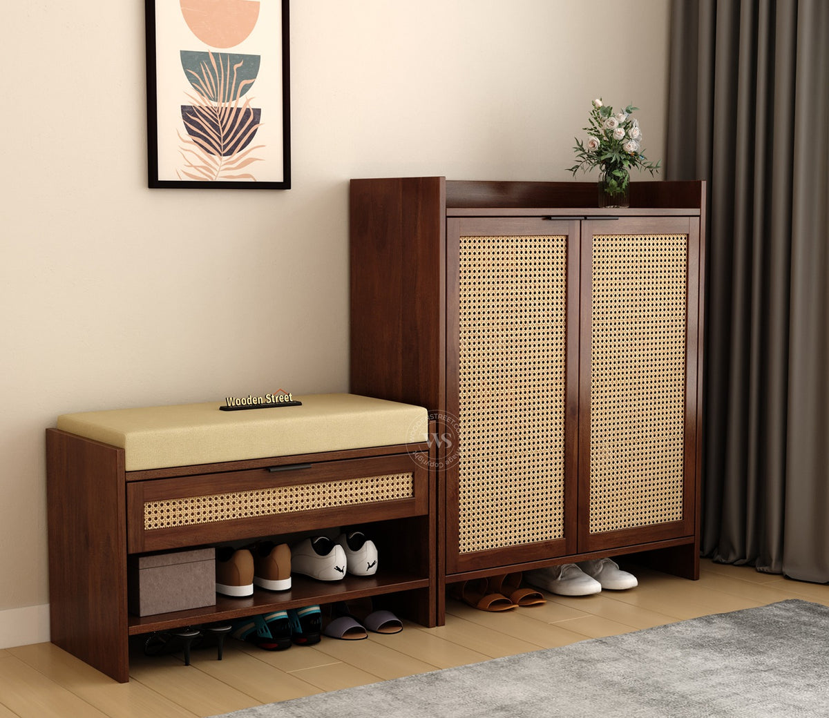 Stridon Solid Wood Shoe Rack & Bench Set with Cane Detailing (Mango Wood, Teak Finish)