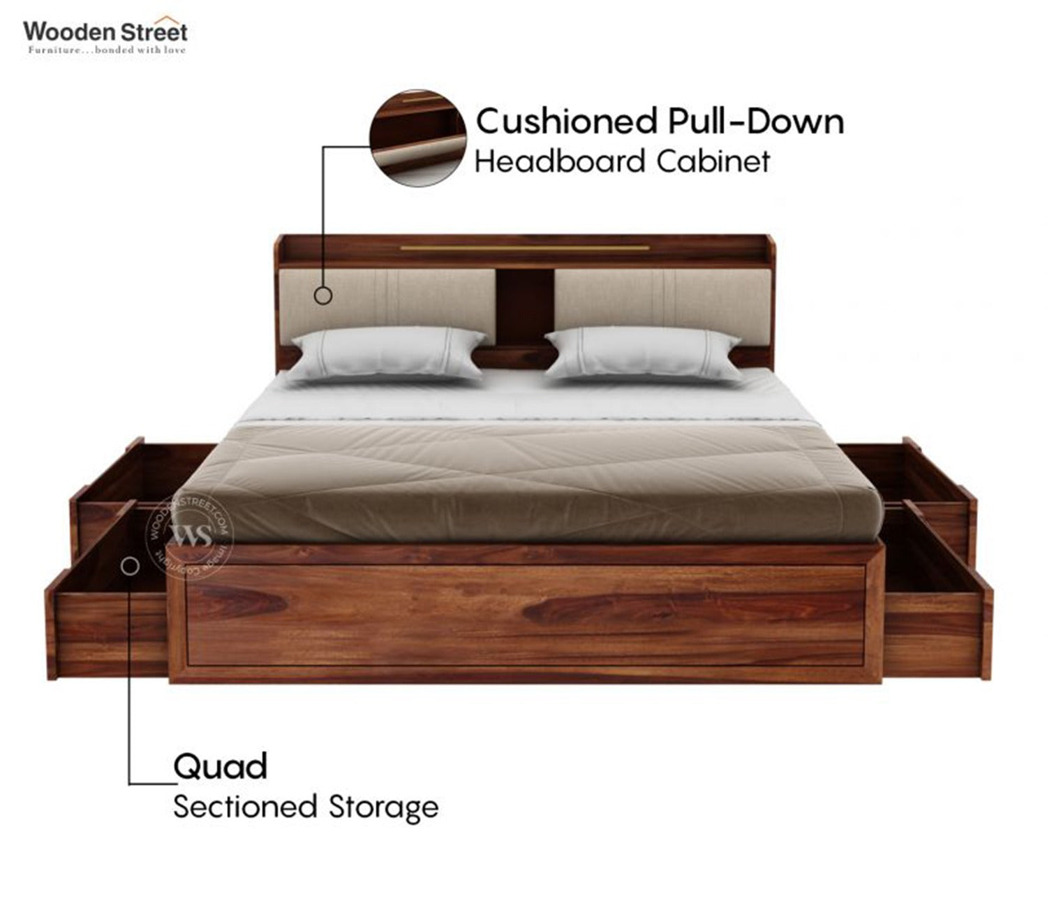 Wildon Premium Sheesham Wood Bed with Cushioned Headboard and Drawer Storage (Queen Size, Teak Finish)