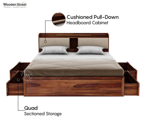 Wildon Premium Sheesham Wood Bed with Cushioned Headboard and Drawer Storage (Queen Size, Teak Finish)