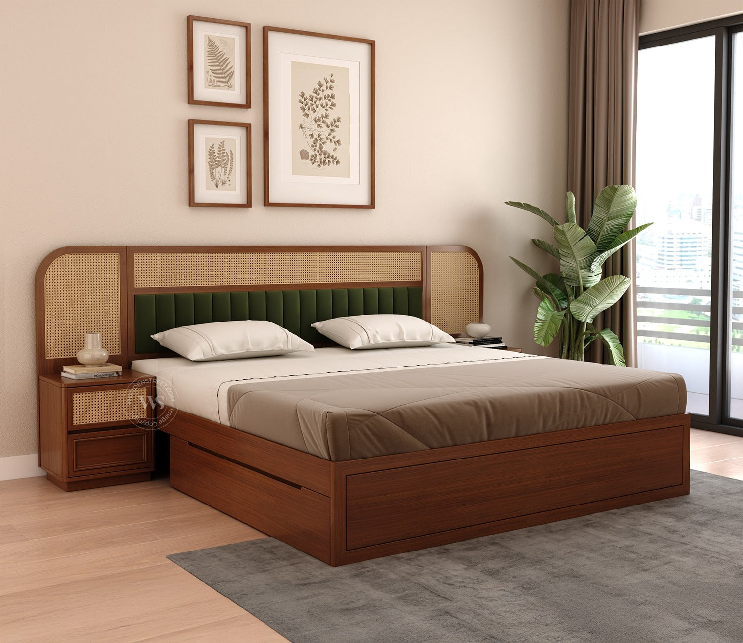 Serah Premium Ash Wood Bed with Cane & Velvet Headboard, Drawer Storage & 2 Modular Bedside Tables (King Size, Teak Finish)
