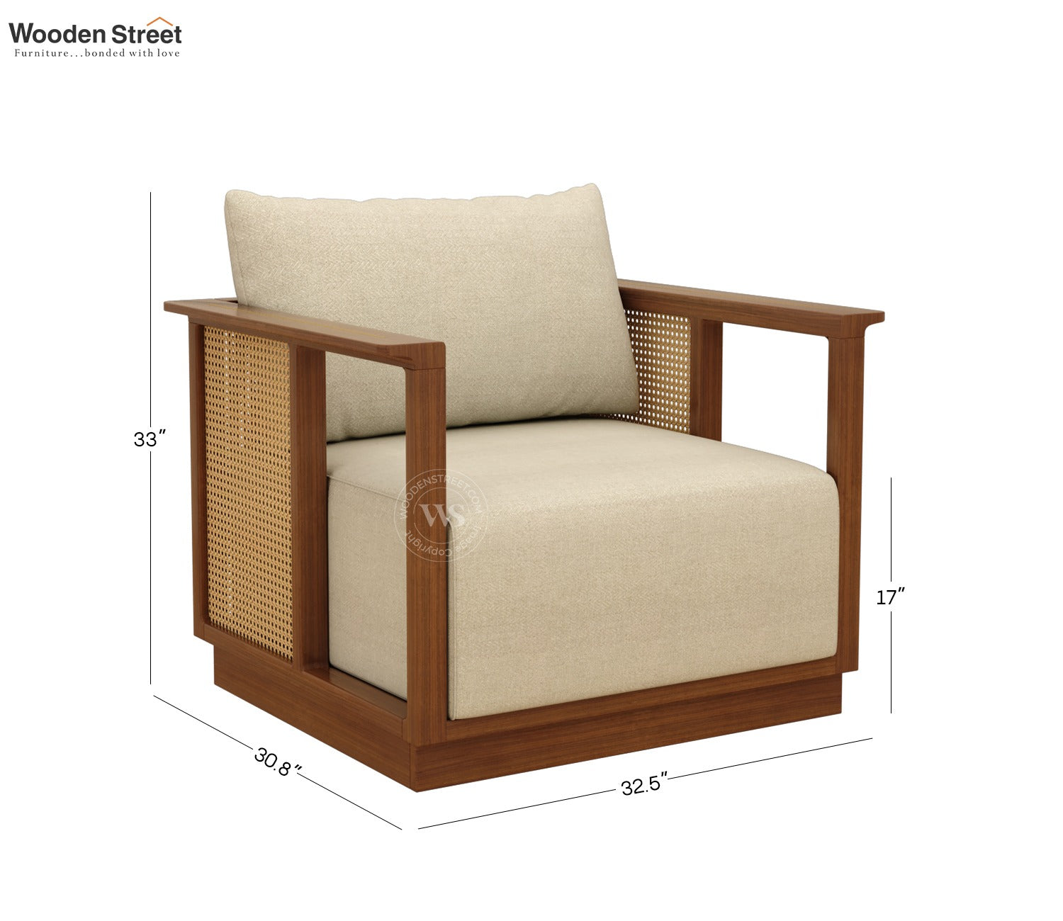 Varnik 1 Seater Ash Wood Sofa with Cane Accents (Teak Finish, Cottage Ivory)