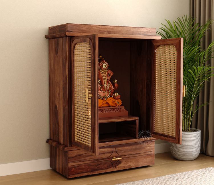 Amogh Sheesham Wood Home Temple with Cane Doors & Drawer Storage (Teak Finish)