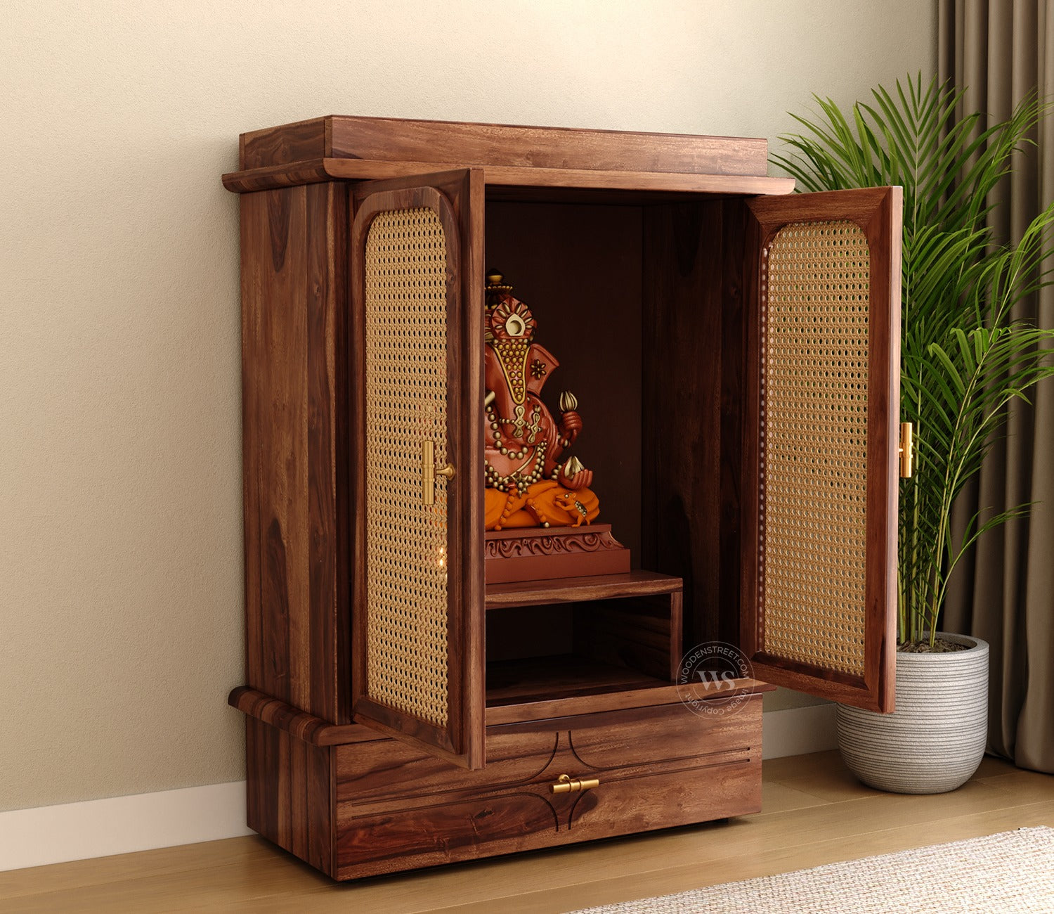 Amogh Sheesham Wood Home Temple with Cane Doors & Drawer Storage (Teak Finish)