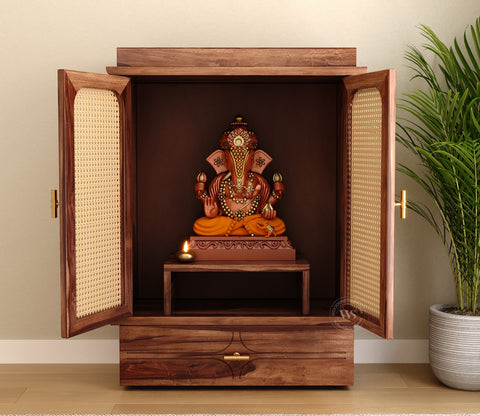 Amogh Sheesham Wood Home Temple with Cane Doors & Drawer Storage (Teak Finish)