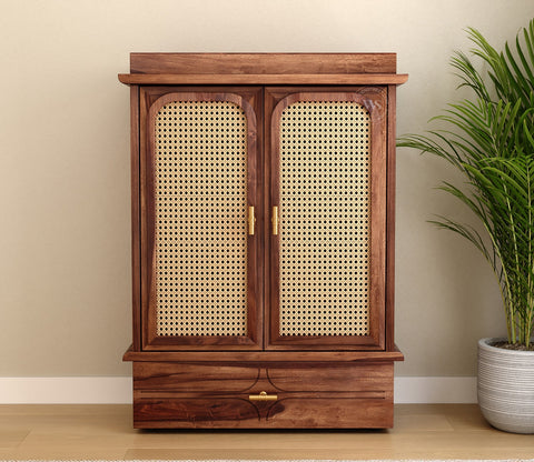 Amogh Sheesham Wood Home Temple with Cane Doors & Drawer Storage (Teak Finish)